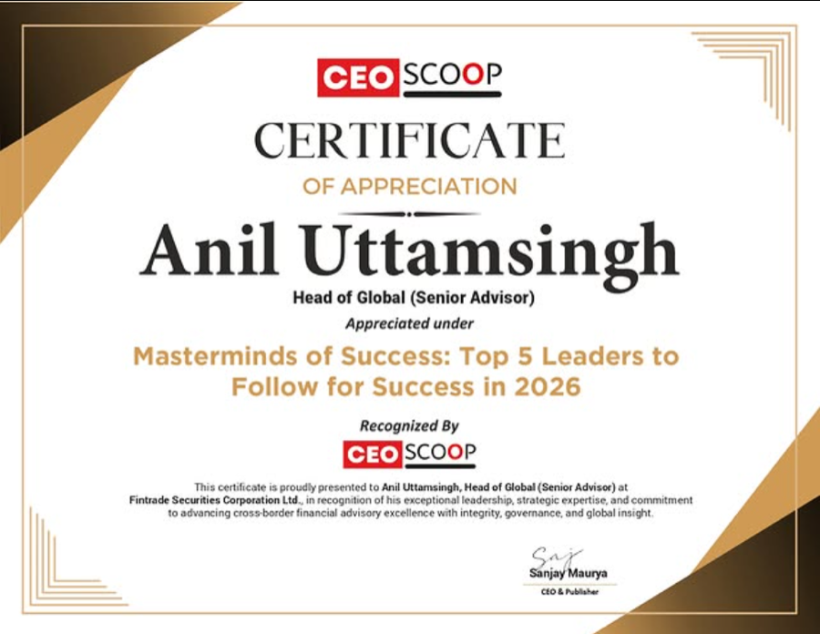CEO Scoop Masterminds of Success recognition for Anil Uttamsingh and Fintrade Securities Corporation Ltd